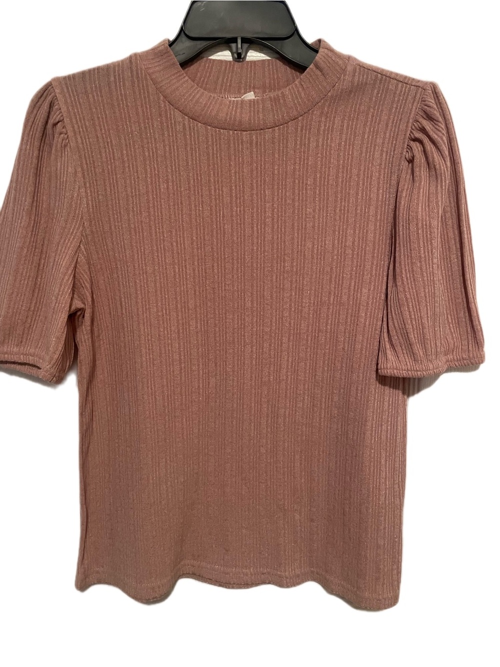 Blu Pepper Ribbed Puff Sleeve Tee - Rose Mauve